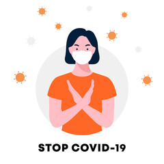 Stop covid-19, corona virus. Woman wearing protective face mask, she with crossed arms gesture which is a symbol representing rejection. Infection control concept. flat style, vector illustrations.