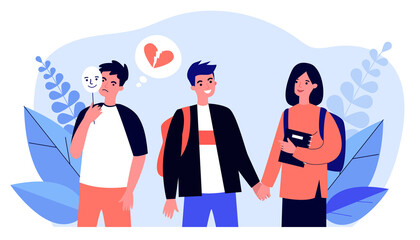 Happy young couple and jealous guy standing near them. Mask, youth, broken heart flat vector illustration. Love and relationship concept for banner, website design or landing web page