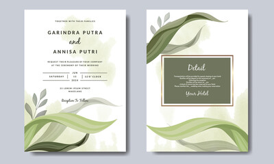  Elegant wedding invitation card with    leaves template Premium Vector