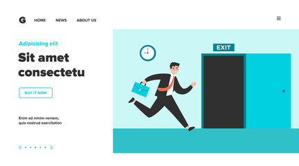 Businessman running to open exit door flat vector illustration. Cartoon office worker using safety way from job during fire or earthquake. Emergency escape and evacuation concept