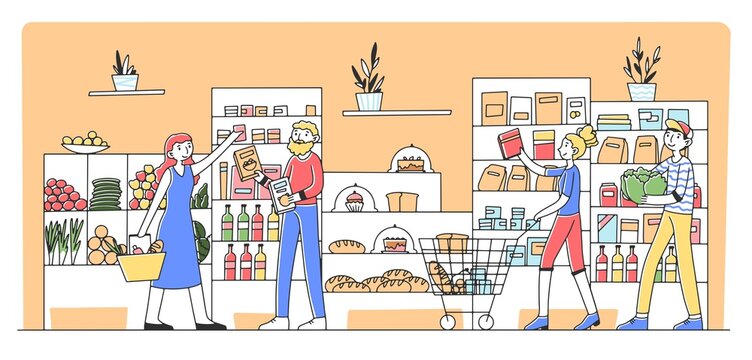 Cartoon people buying products at grocery store flat illustration. Consumers and customers choosing food and putting items in cart. Consumerism and supermarket concept
