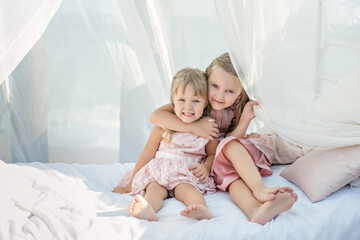Two best blonde sisters in pink dresses are playing together. The girlfriends are hugging sitting...