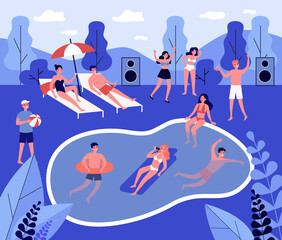 Modern swimming pool party flat illustration. Happy people in swimwear dancing, swimming. Summer, vacation and relaxation concept.