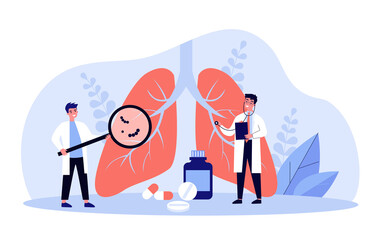 Tiny doctor checking respiratory system. Pulmonology specialist with stethoscope treating lungs with drugs. Vector illustration for lung cancer, tuberculosis, medicine concept