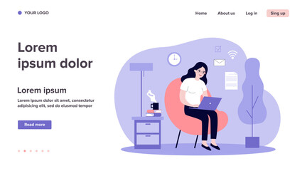 Woman with laptop working at home. Female freelancer sitting in armchair and using computer. Flat vector illustration for home office, cozy interior, communication concept