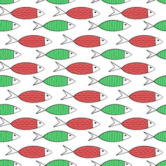 Seamless pattern with hand drawn red and green fish on white background. Marine life vector wrapping paper. Underwater animals fabric design.
