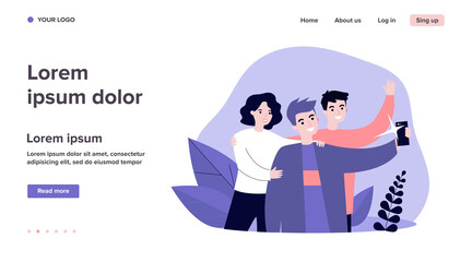 Selfie with friends flat vector illustration. Cartoon happy people smiling and taking group portrait photo. Friendship and technology concept