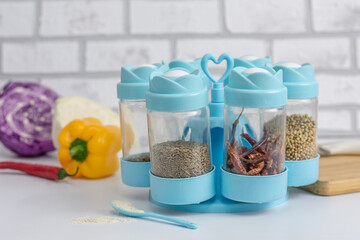 colorful jars for spices and herbs