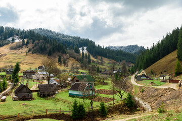 rural settlement with small houses high in the mountains