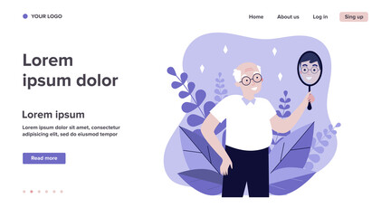 Smiling man looking at himself in mirror. Granddad imagining himself as young guy flat vector illustration. Narcissism and reflection concept for banner, website design or landing web page