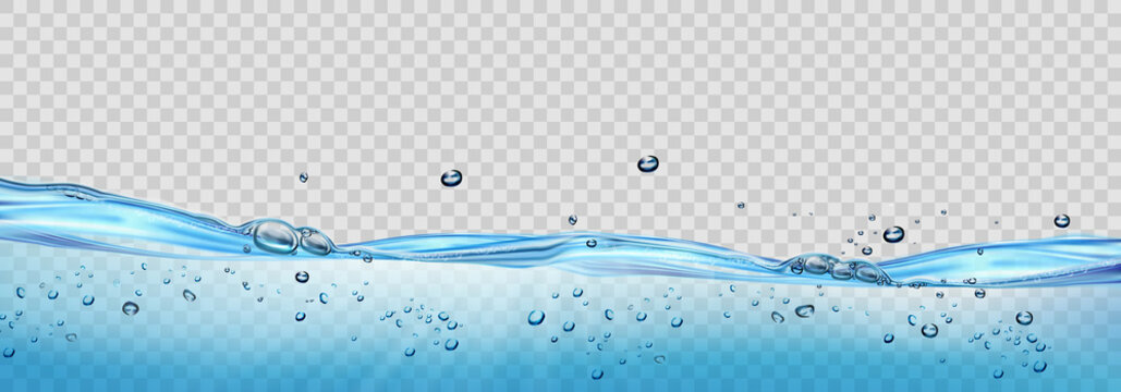 Realistic transparent Water waves with air bubbles and sunbeams on transparent background. Vector illustration