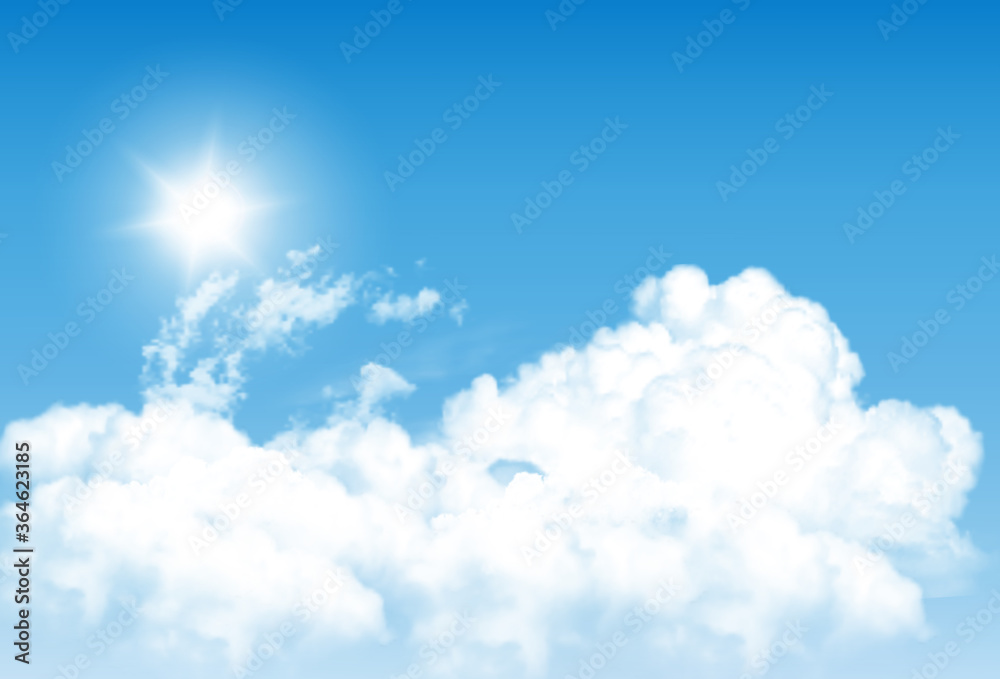 Poster blue sky background with white transparent clouds. vector background.
