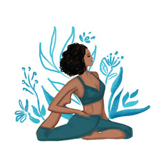 A woman practicing the yoga pigeon pose. A young woman surrounded by teal leaves doing yoga