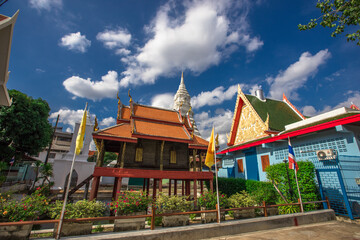 Background of a large Buddha statue in Bangkok (Wat Pak Nam Phasi Charoen), over 69 meters in height, stands majestically in the capital, a historical and cultural attraction that tourists come to see