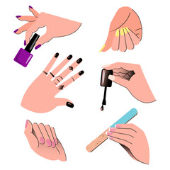Hands showing manicure and nail care. Set. Vector illustration.