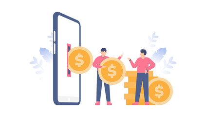 the concept of money-making applications, online piggy bank, money transfers. Illustration of coins coming out of the smartphone and collected by people. flat designs. can be used for elements