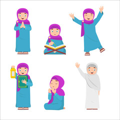 set of muslim girl reading Quran, Carrying Lanterns, Praying