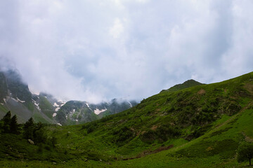 Dense fog in the Caucasus mountains