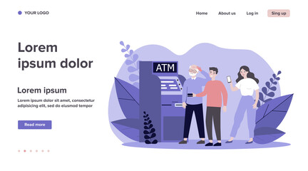 People helping senior man at ATM. Puzzled grandpa, credit card, mobile app using flat vector illustration. Old people support, banking concept for banner, website design or landing web page