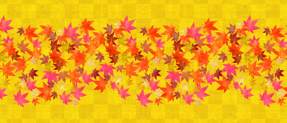 金色の市松模様と紅葉素材
Japanese traditional background pattern and autumn leaves.