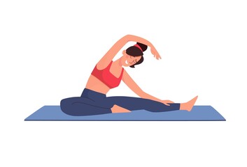 Vector illustration of gymnastics. The girl goes in for sports on the mat. A slender woman tilts to the side, stretches. Isolated on white, flat style.