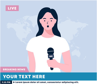 Newscaster woman reports breaking news. A woman holds a microphone in her hand. news reporter live on screen. Correspondent reports the news. A television. Media TV news. flat vector illustration.