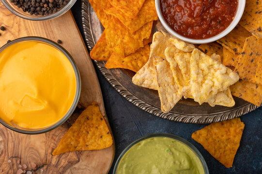 Snacks Potato Chips With Salsa And Dip, Top View, Snacks For Relaxation