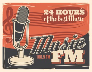 Radio broadcast poster, retro microphone of music studio podcast and FM live sound station, vector. Live radio broadcasting and entertainment media news, pop, rock and jazz, DJ on air