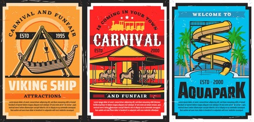 Amusement park carousels, Viking ship and water slides, aquapark vector retro posters. Funfair carnival rides and attractions, family amusement park roller coaster Ferris wheel and carousels