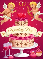 Wedding day cake, cupids and love hearts, vector bride and groom marriage party. Diamond rings and roses flowers, cupid angels playing music on golden harp, wedding cake, wine and floral bouquet