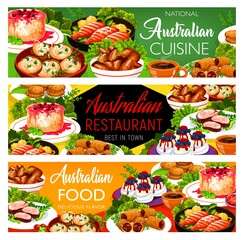 Australian cuisine food dishes and meals menu, vector Australia traditional restaurant. Australian chicken and fish food, veal meat and lamb in puff pastry, crumpled rosemary potatoes and rice pudding