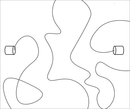 Cartoon style Telephone made from string and two tin cans. Black and white illustration with the string of the telephone running all over the image in spirals, zigzags, and squiggles. 
