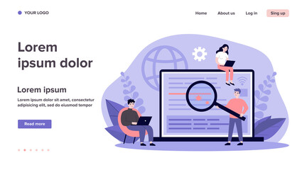 Programmers testing applications. Developers using laptops and fixing bugs with magnifying glass. Can be used for quality assurance software, programming, coding, app development, service concept