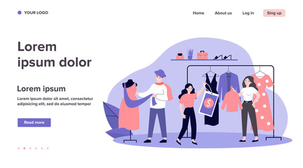 Shop sellers and assistance hanging clothes and price tags on racks. Main master designer dressing mannequin. Vector illustration for boutique, fashion house, industry, clothing design concept