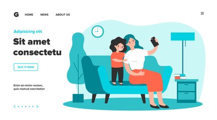 Happy mom and sweet daughter taking selfie on smartphone. Mother and child with mobile phone having fun at home together. Flat vector illustration for technology, photo, family concept
