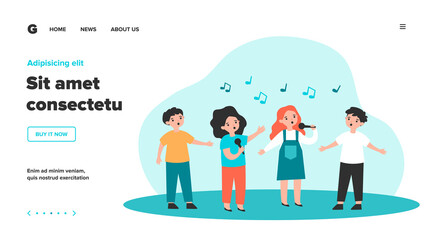 Fototapeta premium Group of children singing song with microphones. Kids attending music school, singing in church choir. Vector illustration for kids musical band, performance, talent show concept