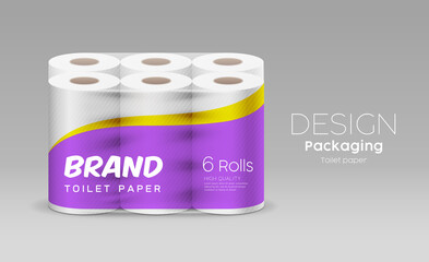 Plastic long roll toilet paper one package six roll, purple and yellow design on gray background, vector illustration