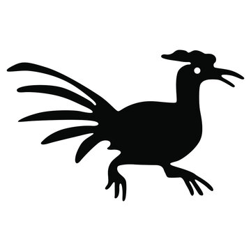 Stylized funny bird. Black silhouette. Hen or rooster. Traditional Mexican Otomi Tenango embroidery motif.