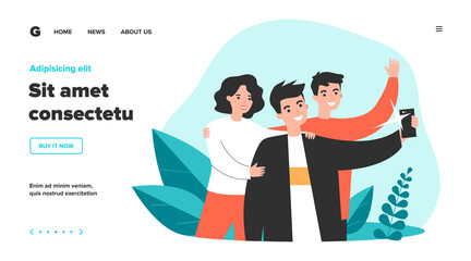 Selfie with friends flat vector illustration. Cartoon happy people smiling and taking group portrait photo. Friendship and technology concept