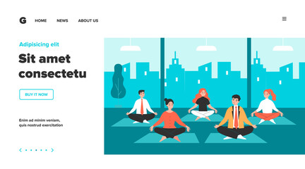Office workers in yoga group flat vector illustration. Cartoon business people sitting in spiritual pose for meditation. Mindfulness and work concept
