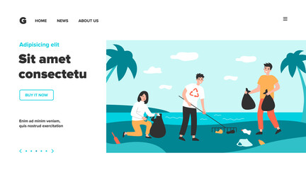 Eco volunteers collecting garbage outdoors. Young people with rake and plastic bags cleaning beach from trash. Can be used for environment pollution, recycling, nature or nature care concept