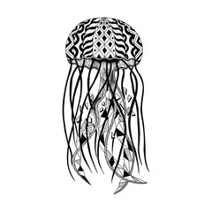 Medusa con líneas geométricas deformándose sus puntas. Estilo puntillismo y mandalas geométricas 