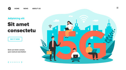 Devices users enjoying 5g city internet. People using smartphones and laptops. Can be used for communication, interaction, high speed wireless connection, telecom equipment, social network concept