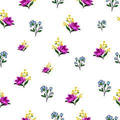 Seamless Vector pink and blue flowers with white background pattern. Isolated design for wall paper, gift wrapping, textiles, fabric, on white background, motifs, dresses