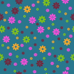 Fototapeta na wymiar Seamless Vector Floral Design. Multi color small flowers with blue background illustration pattern For Fabrics, Textiles, Wallpapers, Gift-Wrapping, Dresses, Backgrounds, Texture