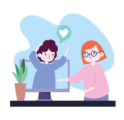 online party, meeting friends, couple in romantic date by computer, keep distance during covid 19