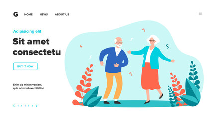 Active funny old couple dancing at party. Grandparents celebrating anniversary. Vector illustration for senior age, retirement, having fun, celebration concept