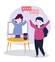 online party, meeting friends, happy woman talking with man on video