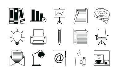 office supply stationery work business linear style icons set