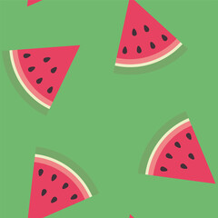 SIMLESS PATTERN WITH WATERMELON PIECES ON GREEN BACKGROUND